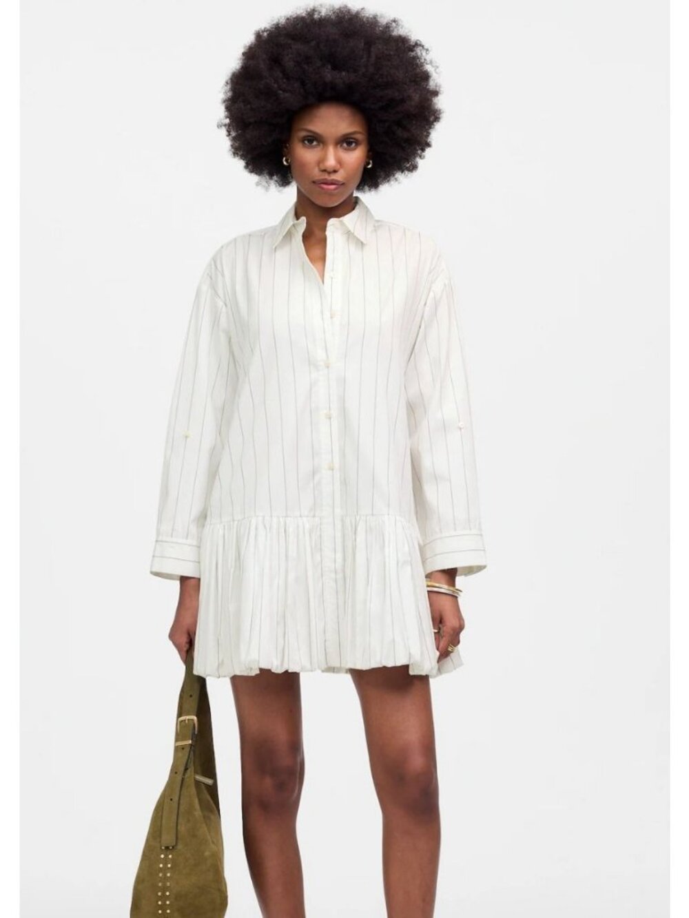 Madewell Bubble-Hem Mini Shirtdress in Pinstripe Poplin Women's Size Medium NWT!